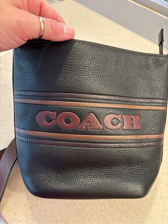 Coach Handbags - COACH Black Leather Crossbody with Brown Logo Stripes